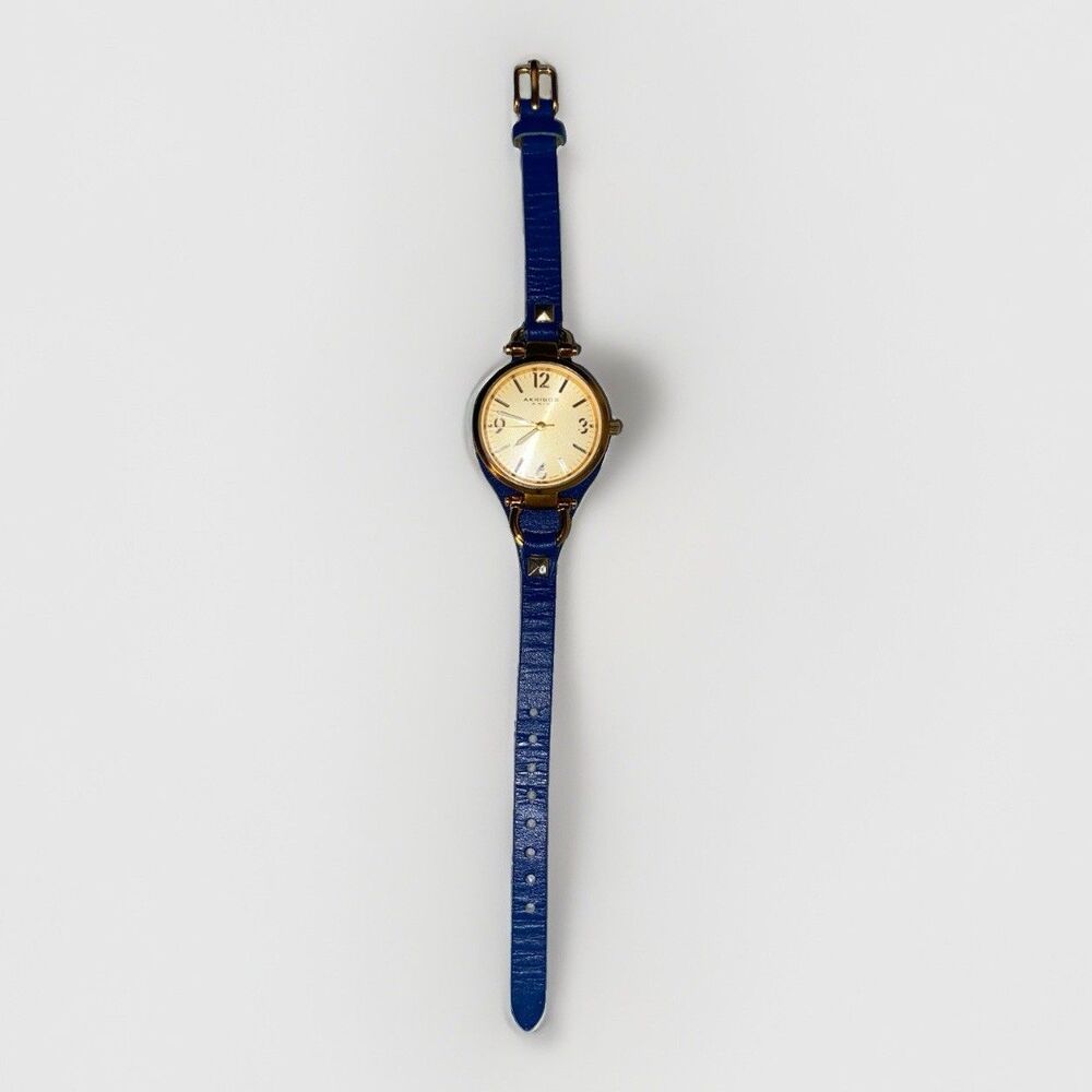 Akribos XXIV AK761BU Swiss Quartz Goldtone Blue Leather Strap Womens Watch